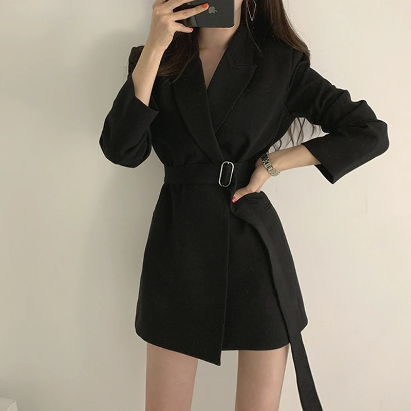

Blazers Mid Length Office Apricot Chic Sashes Lady Solid Colors Long Sleeve Loose Suits Women Vintage Plus Size Black Blazer New