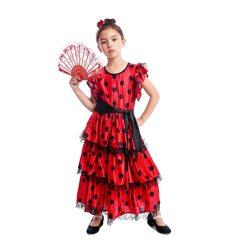 

2022 Spanish Girl Traditional Flamenco Dancer Child Masquerade Costume Classic Flamenco Gypsy Style Skirt Ballroom Red Cosplay