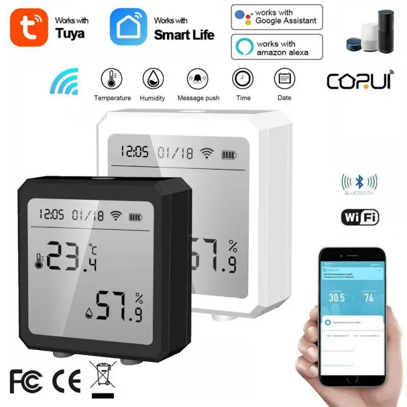 

CORUI Tuya Wifi& Bluetooth Smart Temperature And Humidity Sensor Connected To Hotspots With Alarm Function Alexa Google Home