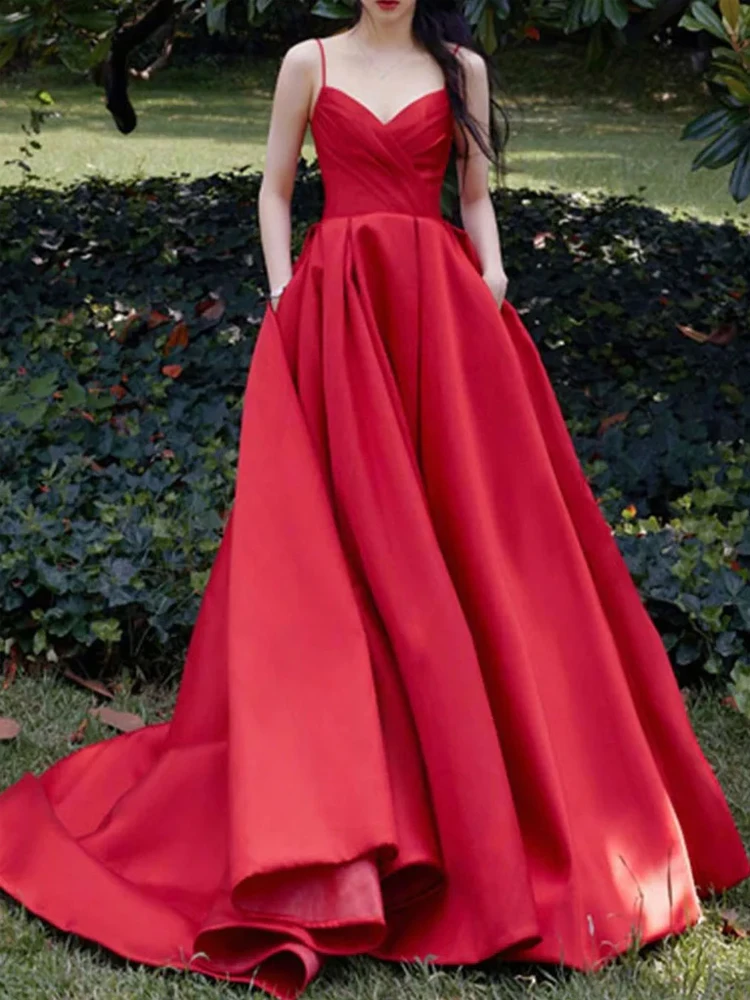 

Red A-line Elegant Spaghetti Straps Burgundy Long Prom Dress Satin Evening Dresses vestidos de fiesta noche para mujer