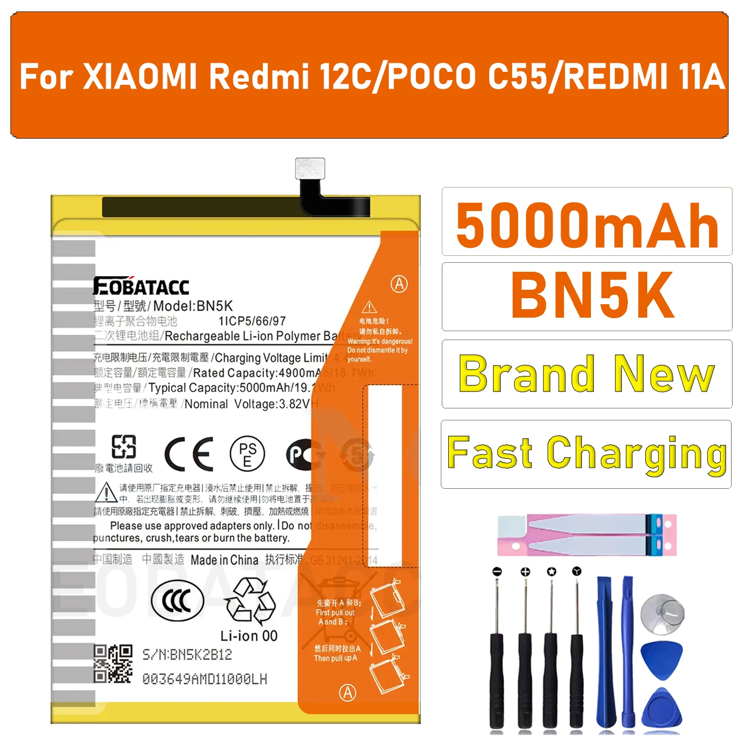 Фото 100% новый оригинальный аккумулятор BN5K 5000 мАч для Xiaomi Mi Redmi 12C/11A/Poco C55, запасные аккумуляторы для мобильных телефонов №1