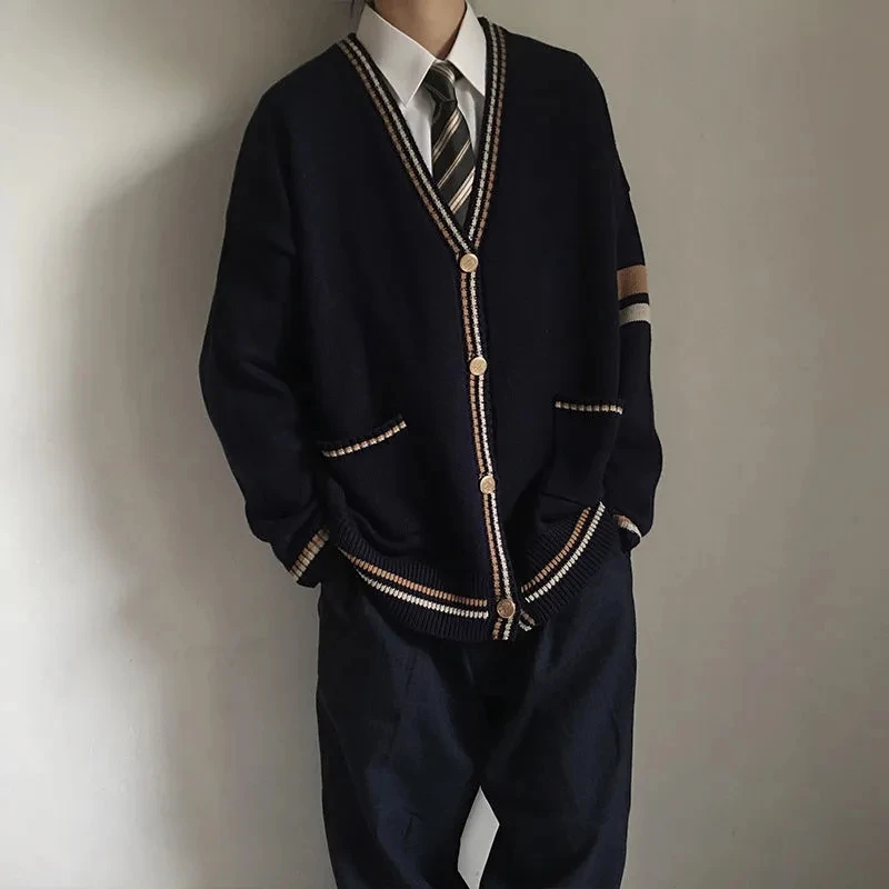 

Spring Autumn Solid Stripes Casual Knitted Long Sleeve Cardigan Men Loose Top Sweater Gentle College Style Students Unisex DK JK