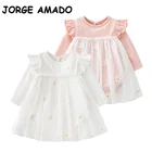 Детское весеннее платье с длинными рукавами, розовое, белое платье в стиле пэчворк с ромашками и круглым вырезом, платья принцессы, одежда для детей, E8218, 2022
