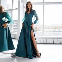 high quality satin evening dress long sleeves floor length slit formal party gown pleat v neck custom plus size blue vestidos