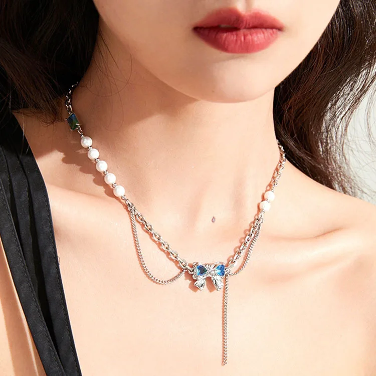 

Tassel Butterfly Necklace Titanium Steel Micro-set Gem Pearl Pendant Designer Jewelry for Women Light Luxury Fashion Necklace