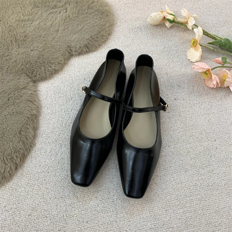 Spring Square Toe Ballet Shoes Fashion Low Heel Mary Jane Shoes Silver Shallow Buckle Soft Sole Shoes