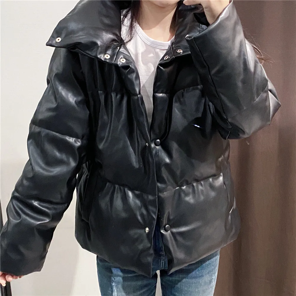 Faux Leather Leather Parka Coat Big Lapel Short Bread Coat Fashion PU Leather Coat Women's Elegant Cotton Coat Streetwear Korean