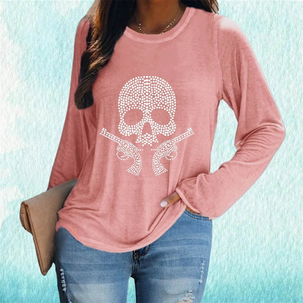 

Women Casual Long Sleeve T-shirt Fashion Skull Print Top Spring&autumn Round Neck BlousesLadies Loose Top