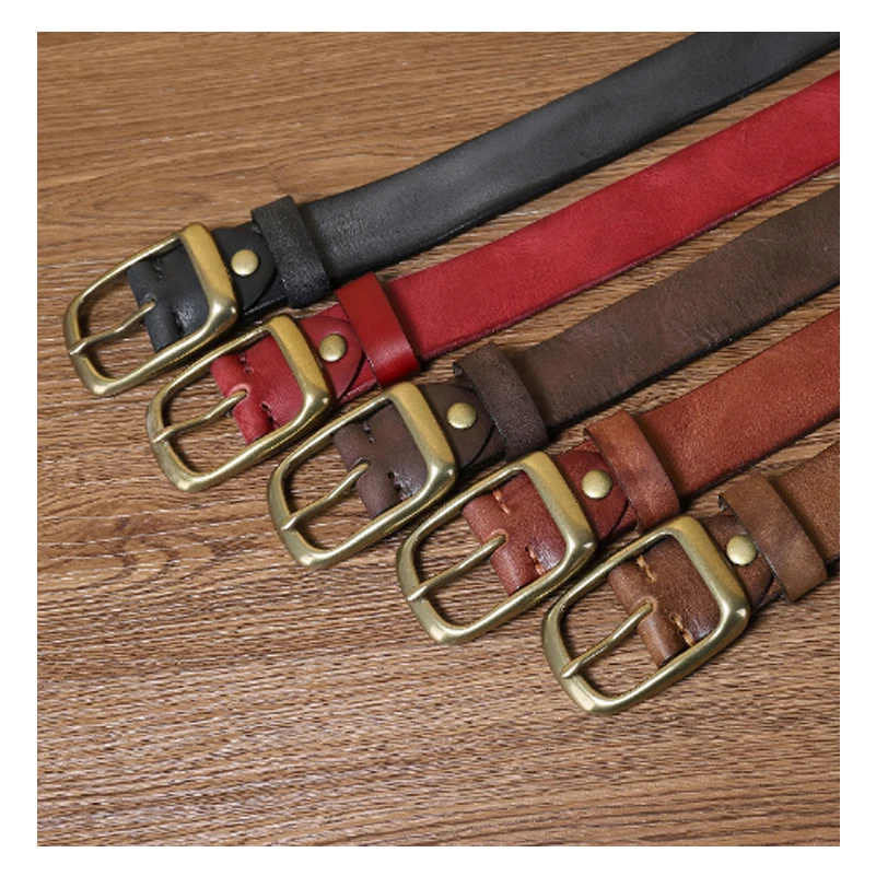 Western cowboy Korea style Pure Copper Pin Buckle Genuine Leather Men Belt Jeans  Luxury Designer Cowskin Leather Strap