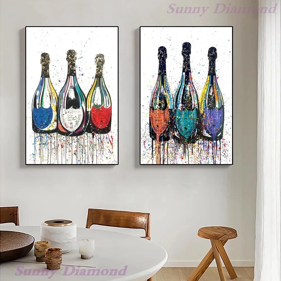 

Champagne Bottle 5D Diamond Painting Colorful Pop Art Posters Nordic Cuadro Pictures Modern Cross Stitch Kits Drill Home Decor