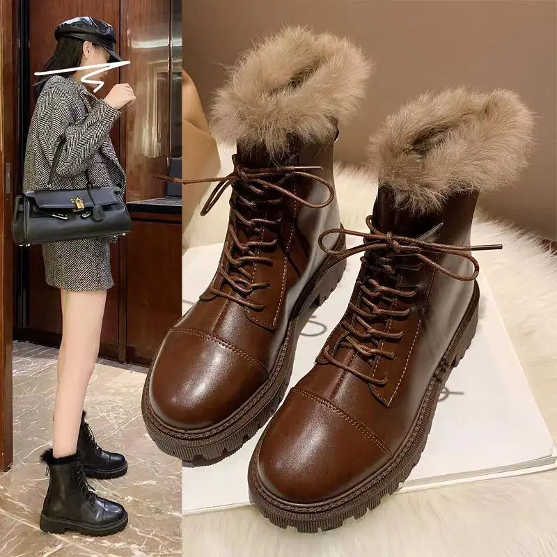 

Women Leather Women Flat Platform Mid-Calf Boots Ladies Shoes Fashion Winter Plush Fur Warm Boots 35-40