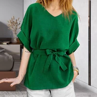 women tops solid color belt v neck batwing sleeves short sleeves summer women blouse new 2022 casual daily clothes