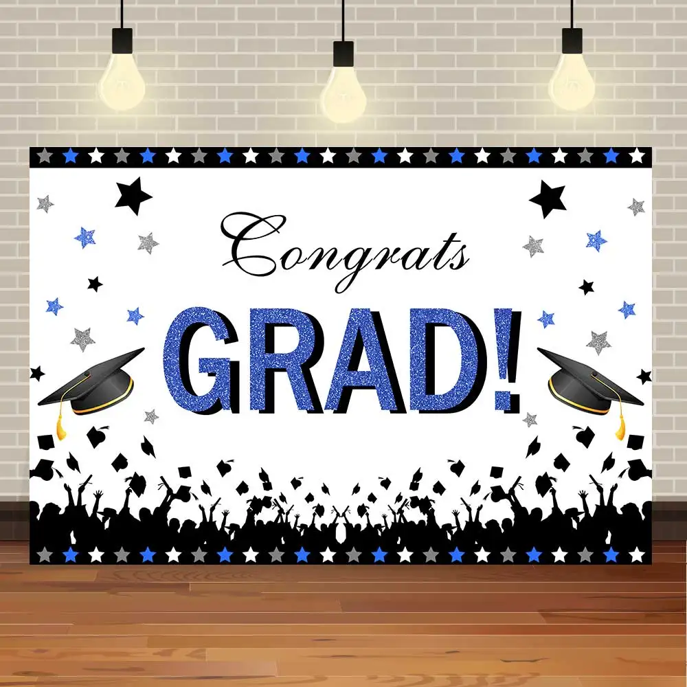 

SeekPro Blue Silver Golden Glitter Star Graduation Graduate Balloon Party Banner Back To School Backdrop Photography Background