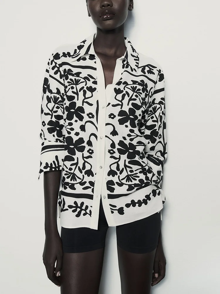 

Women Clothing Shirts 2023 Fashion Vintage Floral Print Shirt Front Button Up Collared V Neck Faux Linen Shirt Long Sleeve Top