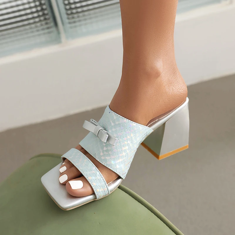 

Snake Leather Bow Square-Headed Women's Fashion Slippers Super High Thick Heel Peep Toe Cute Sweet Plaid Slippers 2023