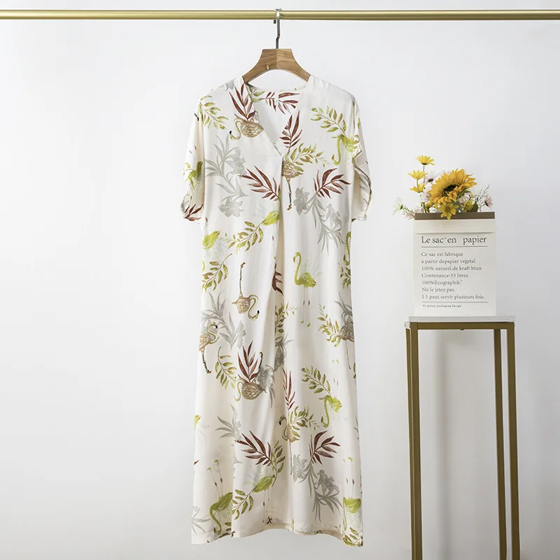 

Women'Mother Print Crane Nightgown Knee-Length Chinese Nightdress Summe Sexy V-Neck Sleepshirts Casual Loose Home Dressing Skirt