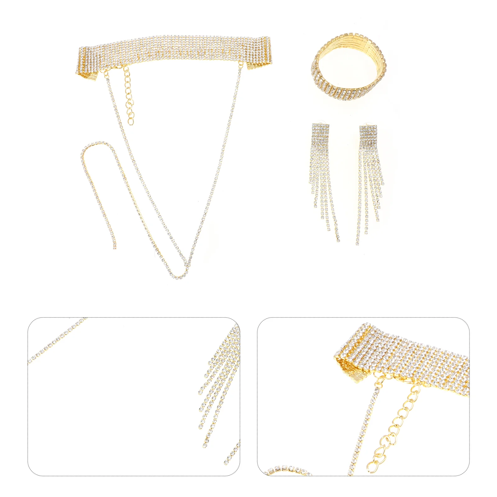 

1 Set Rhinestone Neck Collar Necklace Crystal Tassel Earrings Tennis Bracelet