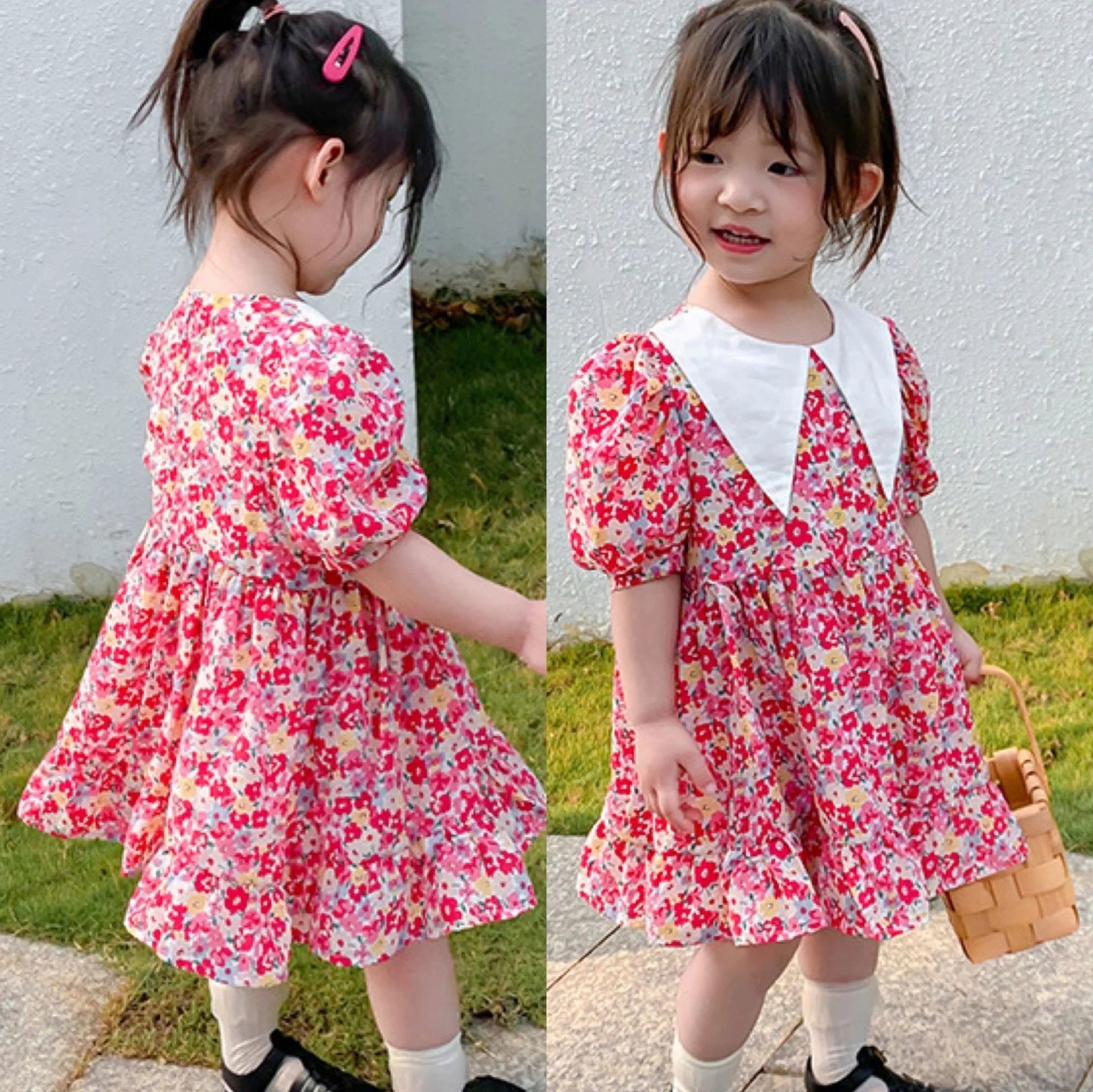 

Floral Dress Summer Girls Sweet Doll Collar Skirt Wear Children Clothing Little Princess Elegant Kids Frocks