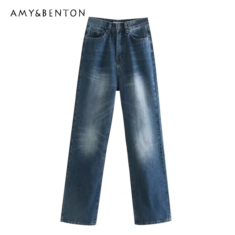 

Весна-Осень 2023, женская одежда, новые Широкие джинсовые мешковатые брюки в стиле ретро, Универсальные Длинные повседневные джинсы с высокой талией