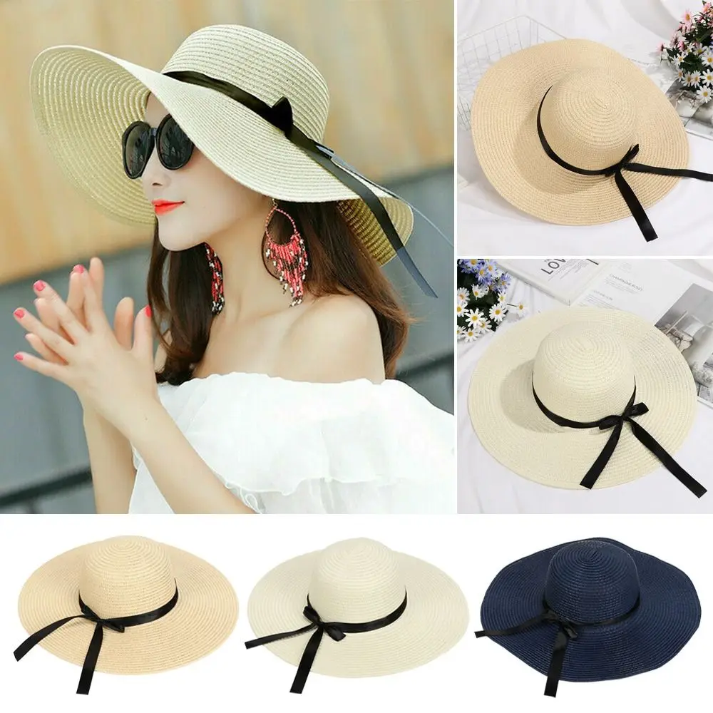 

Casual Visors Floppy Straw Big Wide Brim Straw Cap Summer Bow Cap Sun Hat Beach Hat