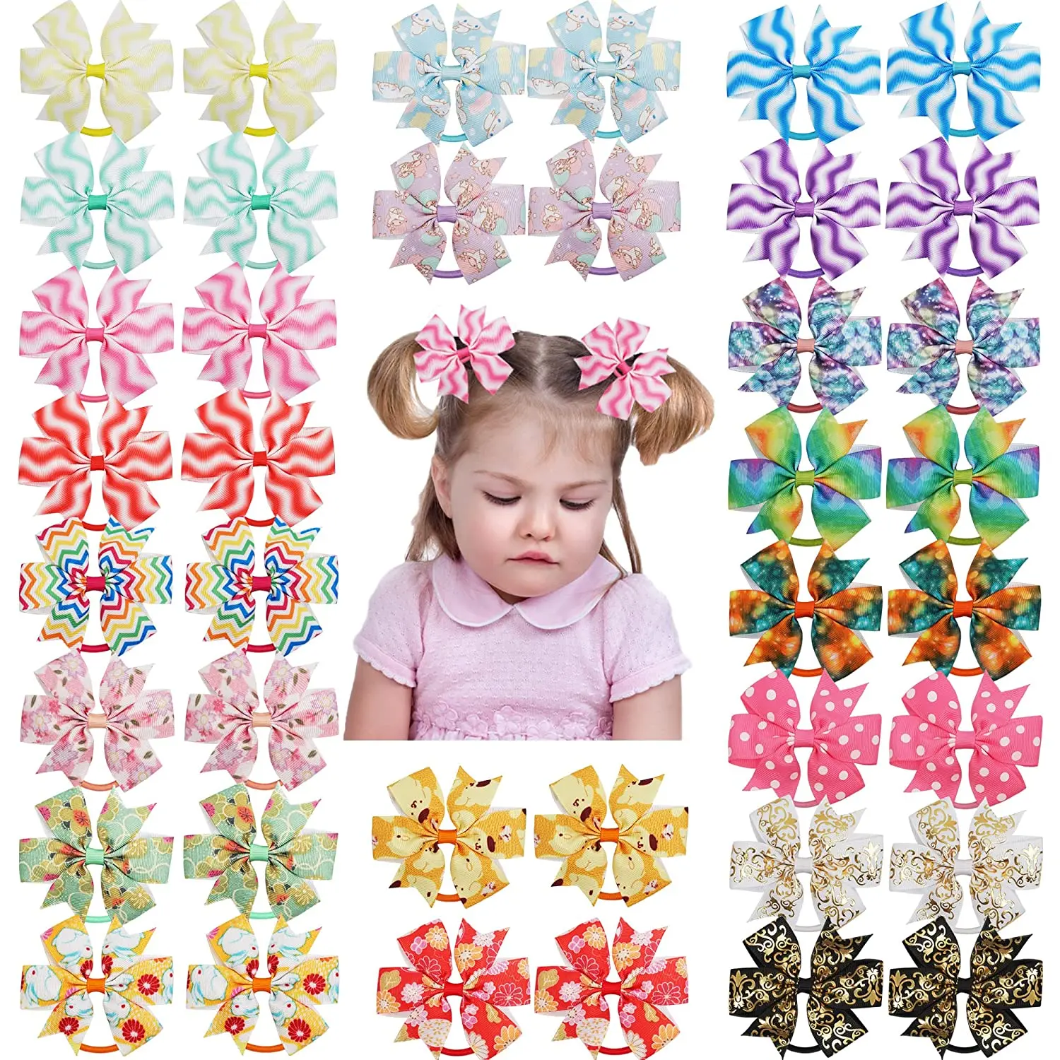 

40 Pcs Baby Girls Hair Ties with Bows for Toddler 3.5'' Boutique Grosgrain Ribbon Hair Bows Elastic Hair Ties Ponytail Holder