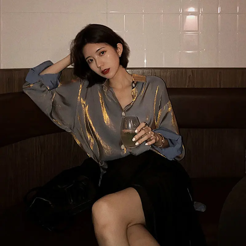 

Spring 2021 Vintage Women's Shirts 2021 Elegant Blouses Korean Fashion Sexy Button Up Solid Clothes Party Long Sleeve Sequin Top