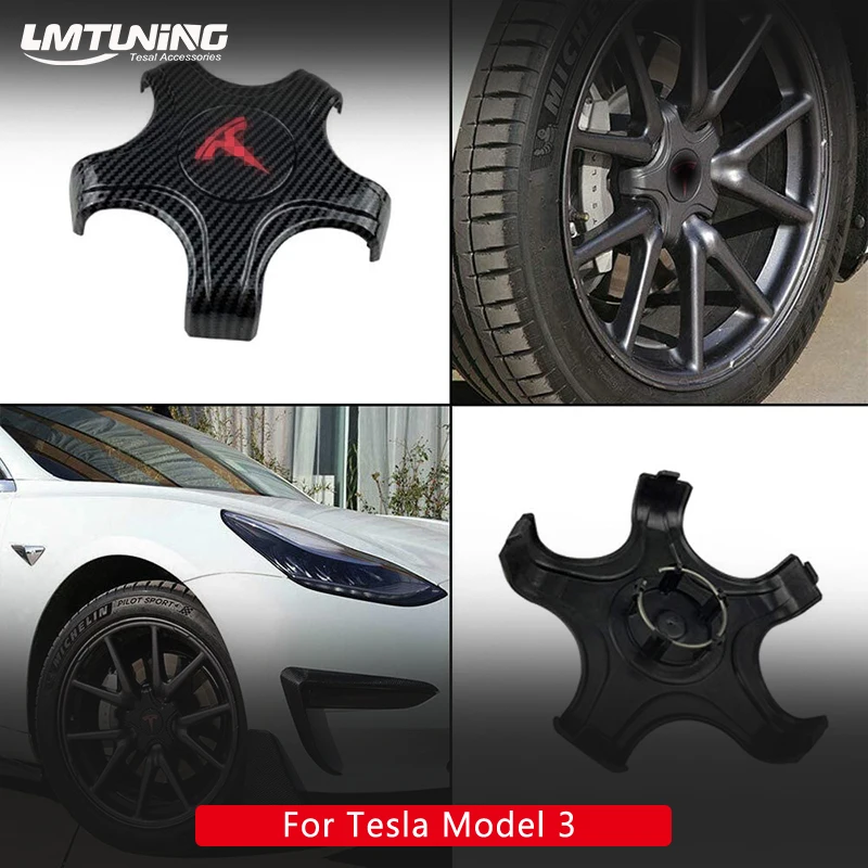For Tesla Aero Wheels Cap Kits for Original Standard Rims Center Caps Hubcaps Cover - Model 3 (Carbon Fiber with Red T Logo)