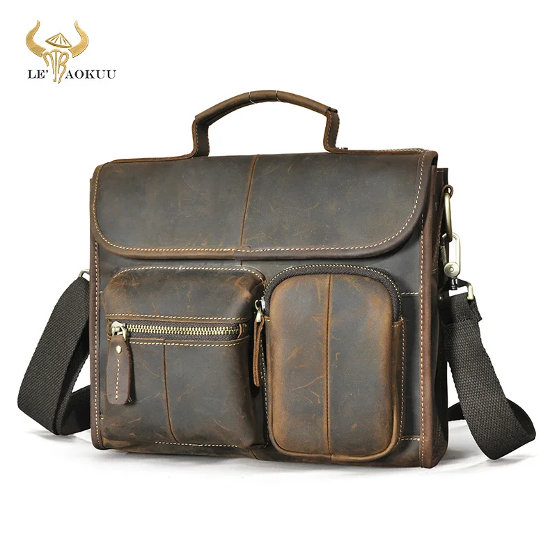 

New Vintage Thick Quality Leather Male messenger bag Satchel Design 11" Pad Crossbody Shoulder bag School Book Bag For Men 202