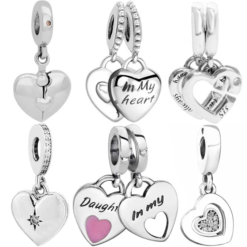 

Незакрепленный браслет с подвесками в виде сердца, украшенный искусственными бусинами, Подходит для Pandora Подвеска для дочери, серебряный бр...