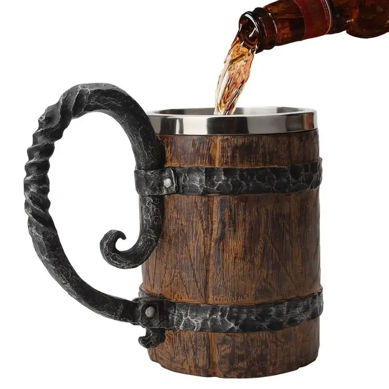 

Винтажные стаканы для напитков в стиле викингов, деревянная бочка, пивные кружки, нержавеющая сталь, смола, посуда с ручкой, коктейльные чашки