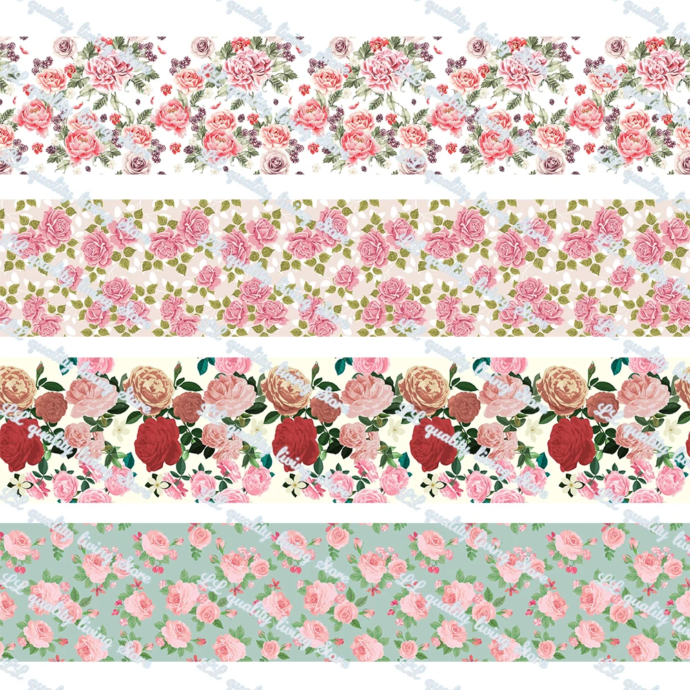 

16-75MM Cartoon Roses&Flowers Printed Grosgrain Ribbon 50Yards/Roll Tape Clothing Bakery Gift Wrapping Accessory Hairbow
