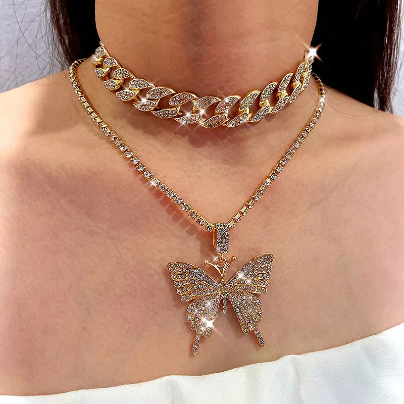 

Double Layer Big Butterfly Necklace Personality Exaggerated Full Diamond Thick Chain Necklace To Attend The Banquet Accessories
