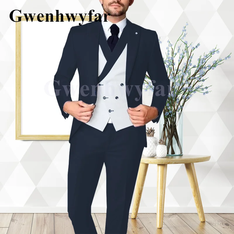 

Gwenhwyfar 2022 New Men's Peak Lapels Slim Suit Fashion Jacket Wedding Bridegroom Party Blue 3-piece Tuxedo