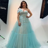 eeqasn light blue appliques lace prom dresses one shoulder evening gowns tiered tulle prom party gowns formal wqedding dress