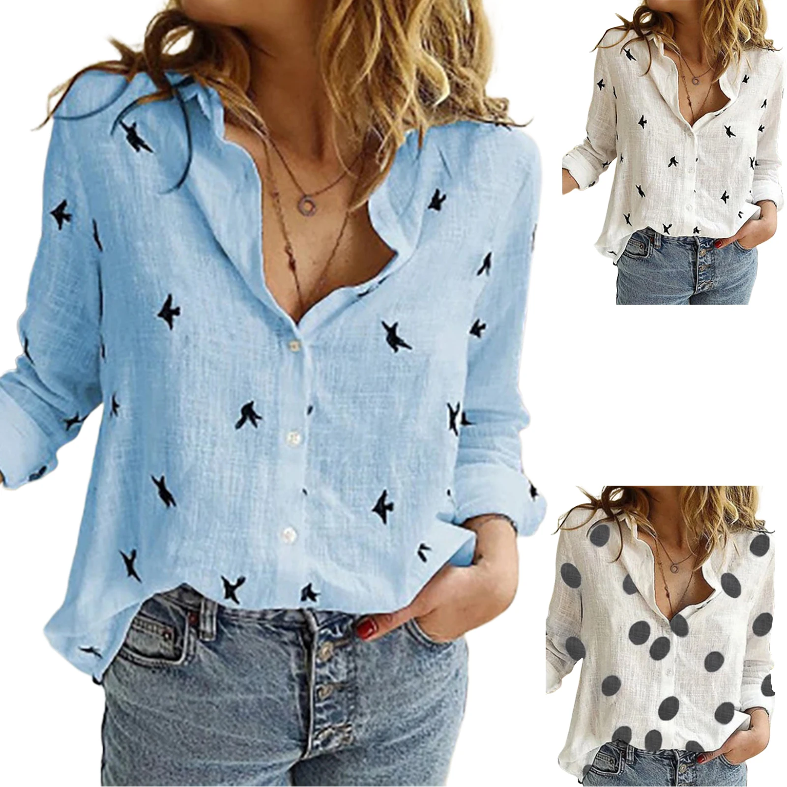 

Casual Long Sleeve Print Loose T Shirts Summer Autumn Women Sexy Shirt Top Cotton Linen Single Breasted Daily Commuting