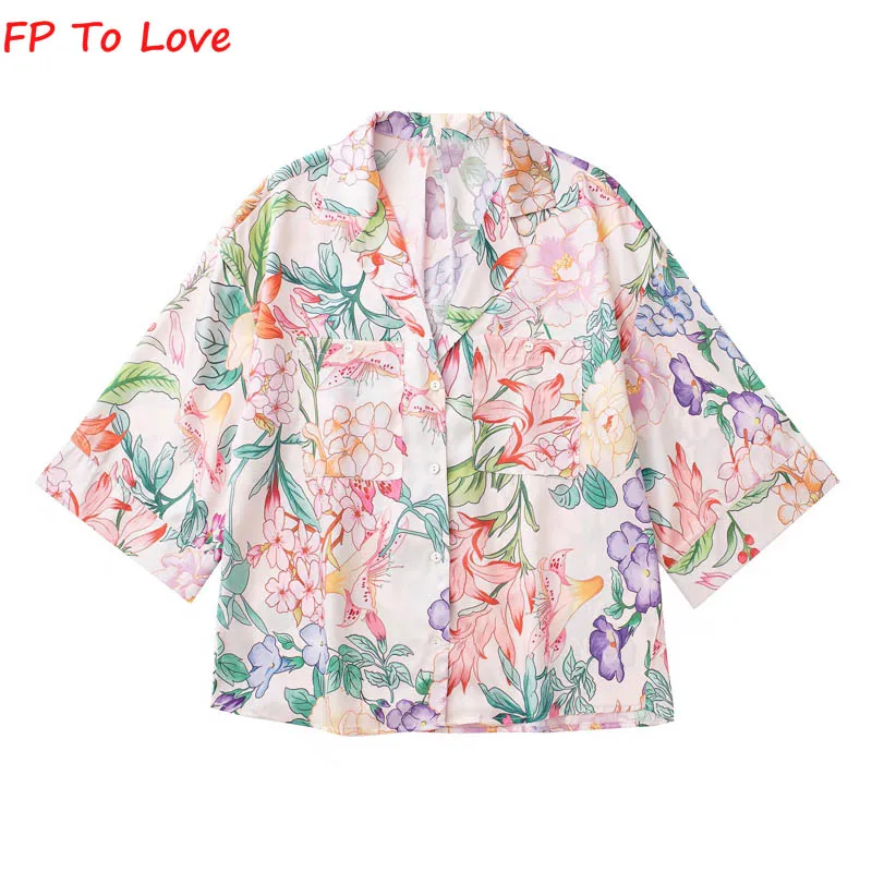

FP TO LOVE 2022 Summer Fashion Lapel Short Sleeve Shirt Single Breasted Pink Floral Print Loose Top Women