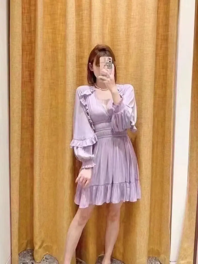 

Women V-Neck Slim Waist Ruffles Lantern Long Sleeve Spring Mini Dress