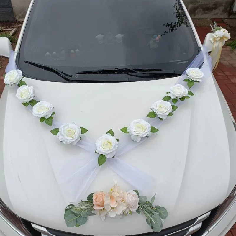 

Wedding Car White Rose Artificial Flower Decoration Wedding Car Door Handle Ribbon Bridal Car Decoration Fake Flowers DIY