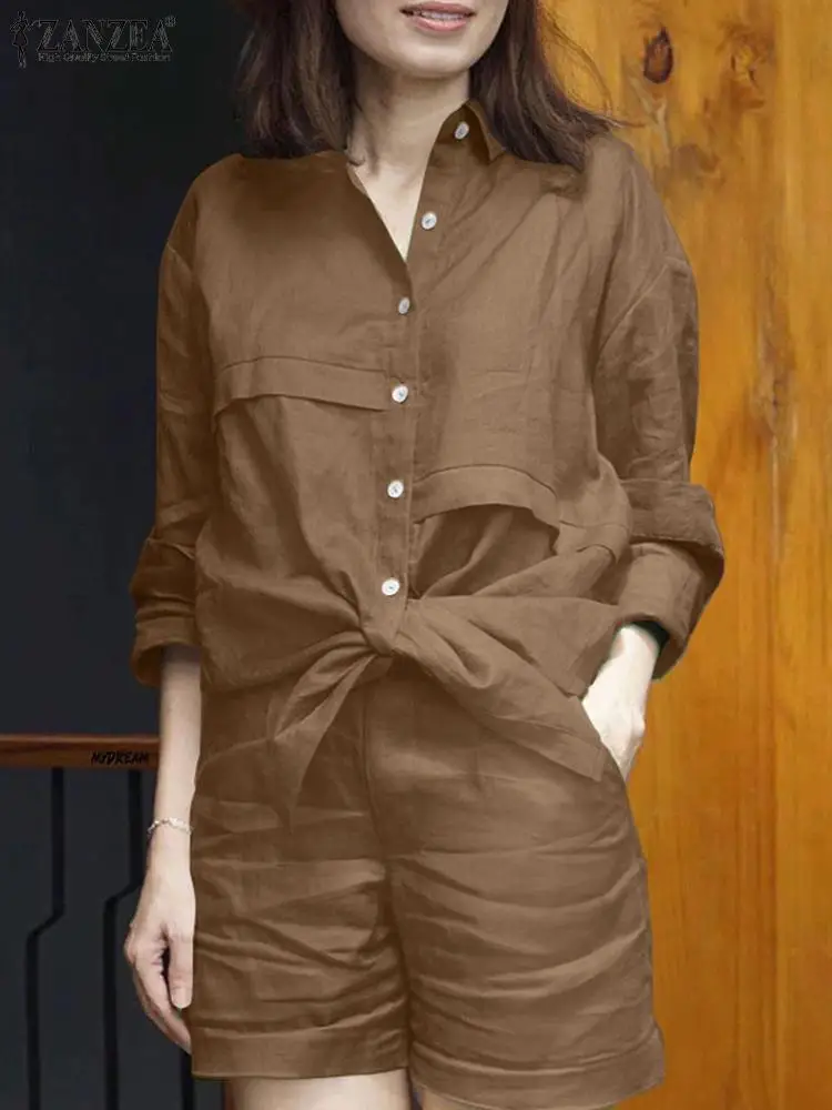 

2023 ZANZEA Fashion Women 2PCS Elegant Solid Matching Sets Work Trousers Suits Lapel Neck Long Sleeve Shirt Short Sets Outifits