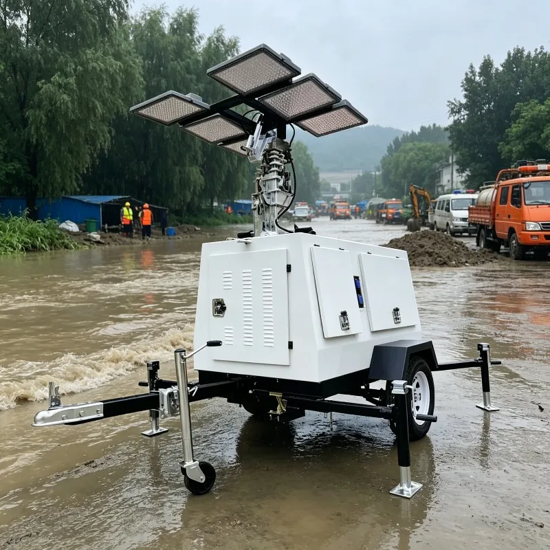 Фото Мобильная светодиодная осветительная вышка 4x100 Вт, телескопическая мачта 4,5 м, с дистанционным управлением, на заказ, на прицепе №2