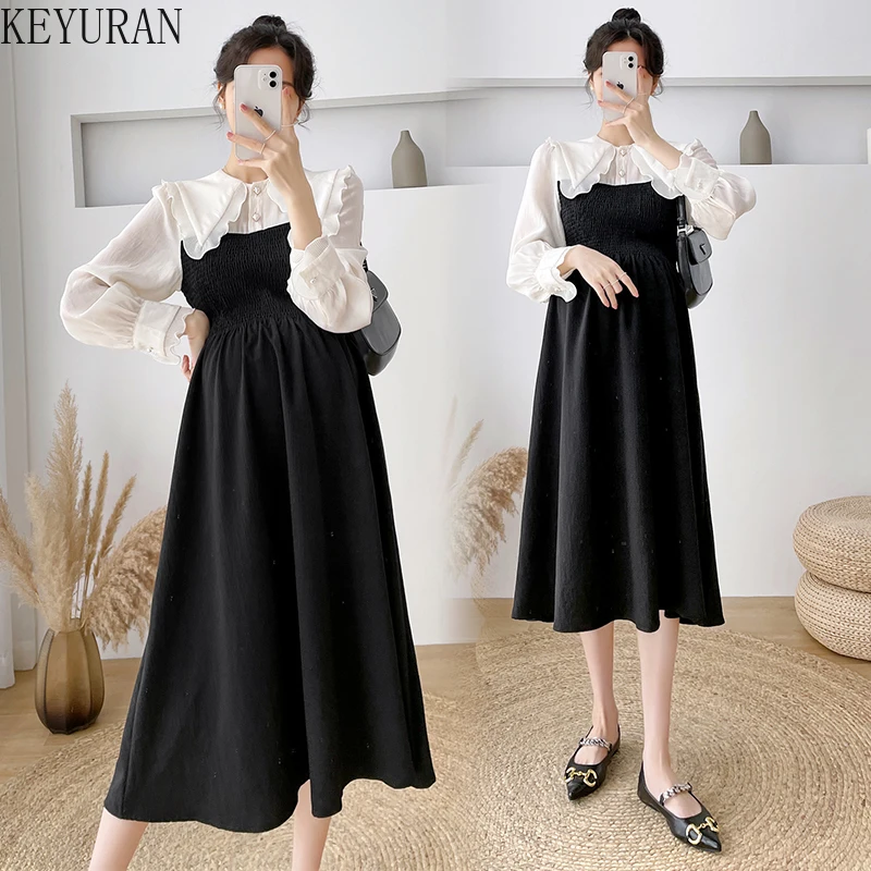 

2022 Spring New Maternity Dresses French Temperament Stitching Lapel Plus Size Long Dress Pregnancy Clothing for Pregnant Women