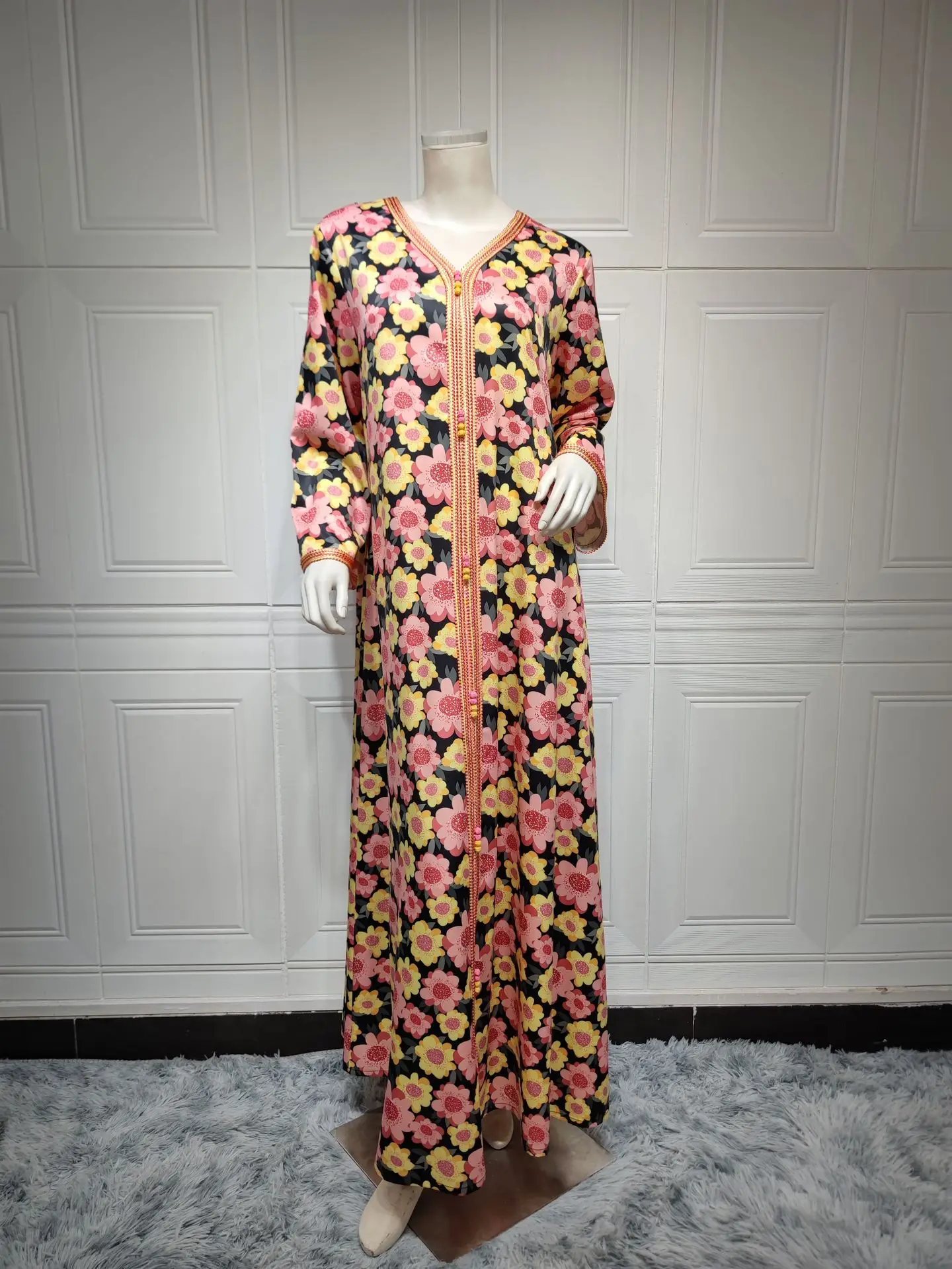 Women's Dresses Spring Summer 2023 Travel Fashion V Neck Lace Tape Floral Print Retro Dress Long Sleeve Casual Loose Robe