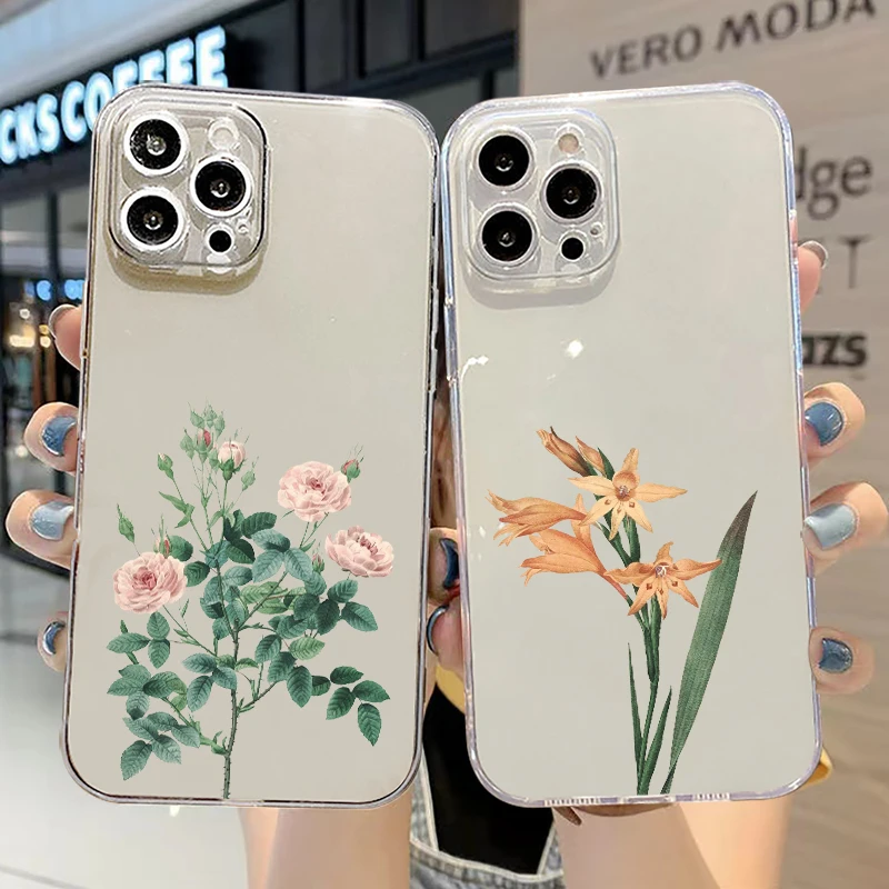 

Simple Flowers For iPhone 13 12 11 Pro 12 13 Mini X XR XS Max 6 6s 7 8 Plus Clear Phone Case Liquid Silicon TPU Soft Cover