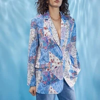 women pink blazers floral plus size slim long jacket fall casual fashion blue single button suit harajuku streetwear office lady