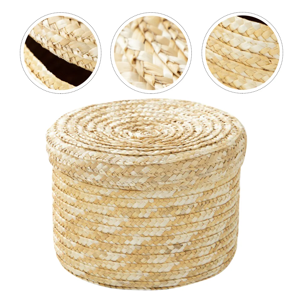 

Storage Basket Straw Bin Woven Wheathandwoven Organizer Desktop Small Round Baske Home Box Kids Holder Crochet Wicker Shelf