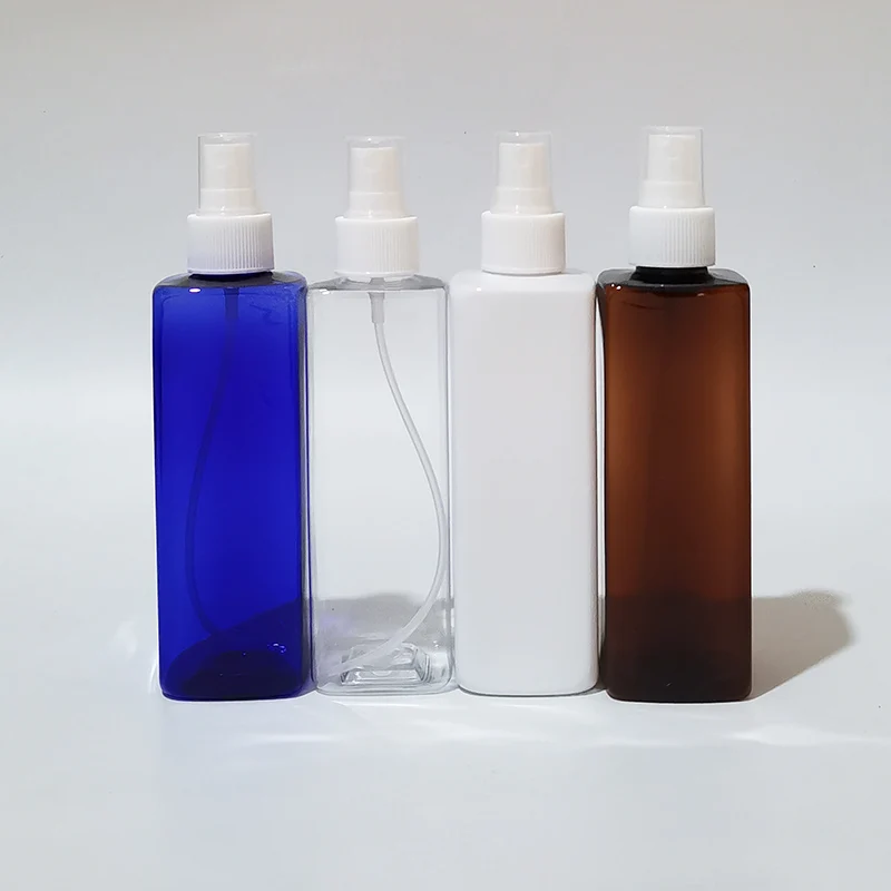 

Пустой пластиковый контейнер 250 мл, 20 шт., с распылителем, Квадратная Белая прозрачная синяя фотоемкость для косметики, флакон для духов