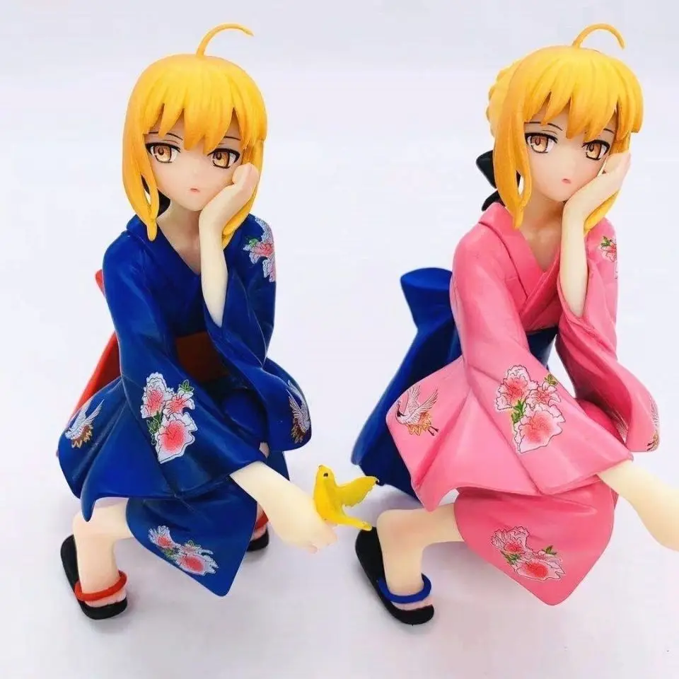 

13 см Fate Аниме Фигурка Saber Yukata розово-синее кимоно Squatting Ver. Экшн-фигурка для взрослых