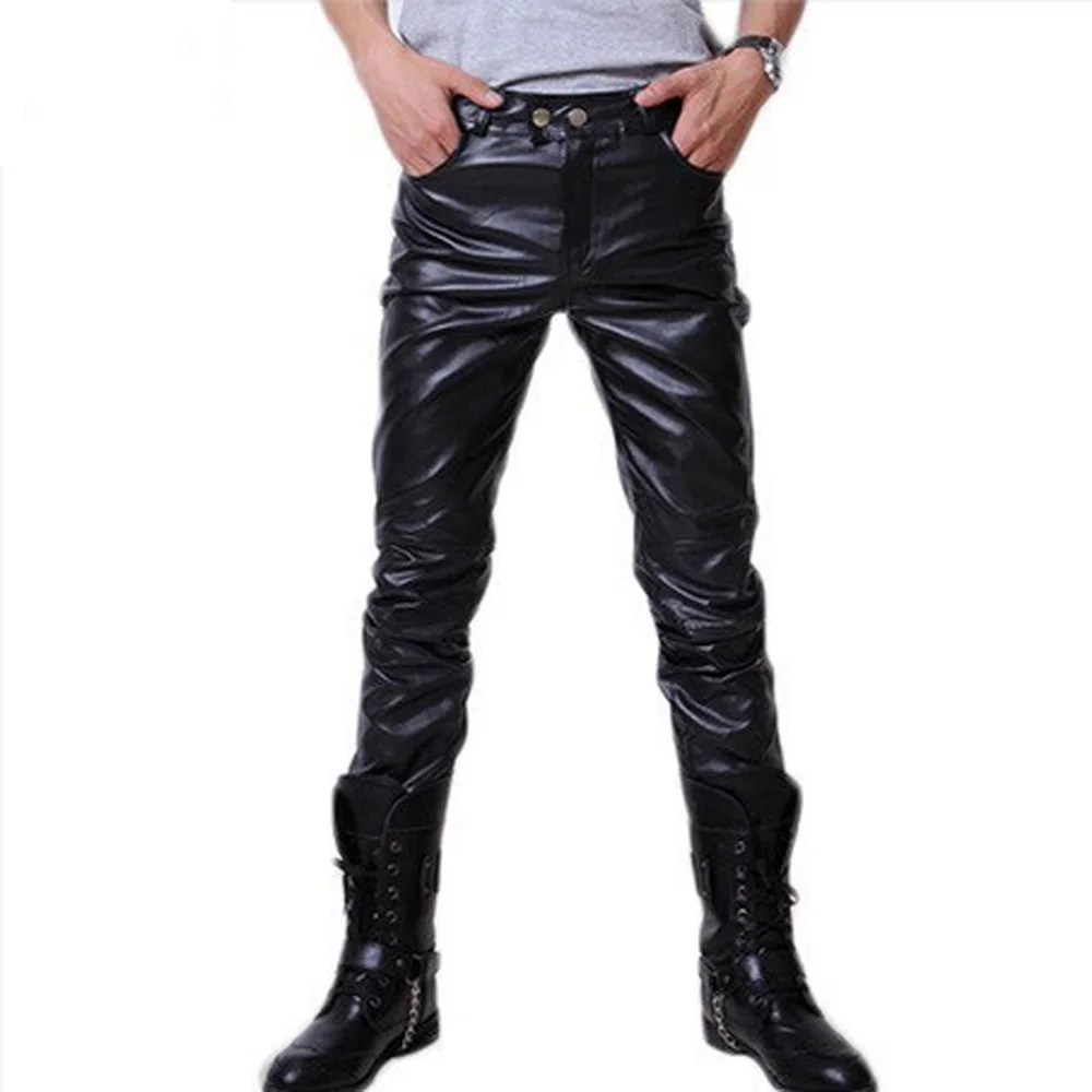 High Quality 2022 Spring Summer Slim Fit Dance Locomotive Leather Pants Club Men's Black PU Leather Silver Gold Leather Pants
