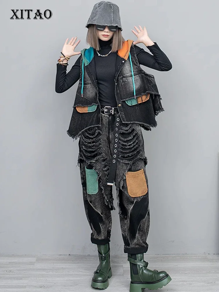 

XITAO/комплект из двух предметов; Модный жилет с капюшоном; Повседневные штаны-шаровары в стиле пэчворк; Осенние женские новые комплекты со штанами; DMJ2960