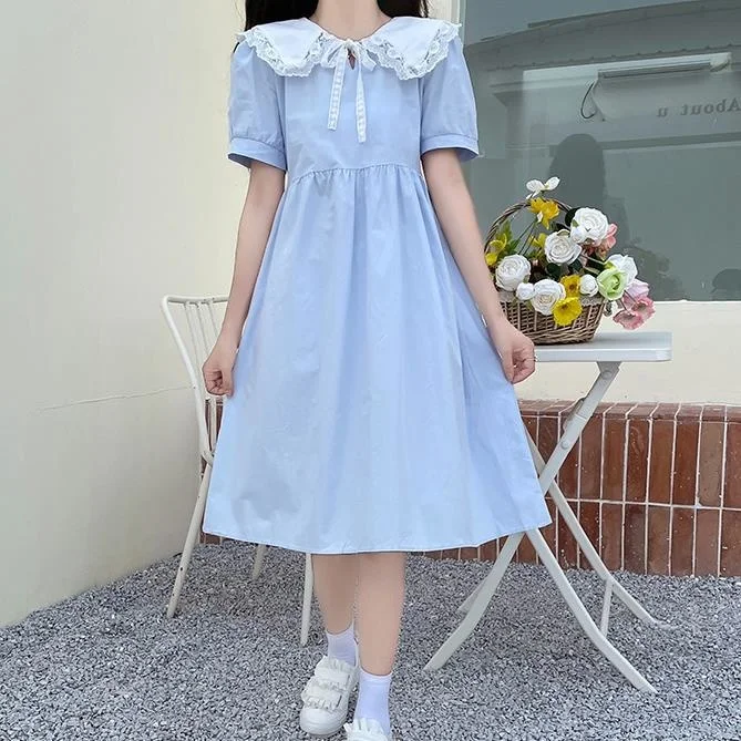 

Navy Collar Cotton Short Sleeve Dress Summer New Junior High School Student Girl Loose College Dress